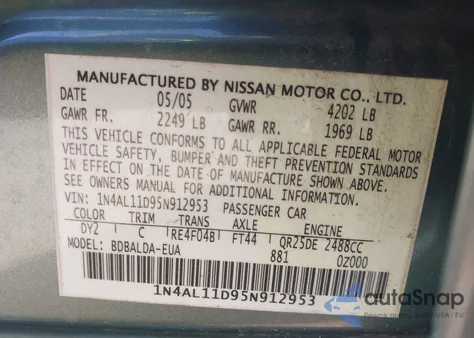 2005 Nissan Altima 2.5 S z USA, uszkodzony, nr VIN 1N4AL11D95N912953